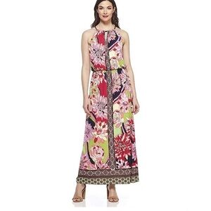 London Times Women's Sleeveless Keyhole Halter Blouson Maxi Dress